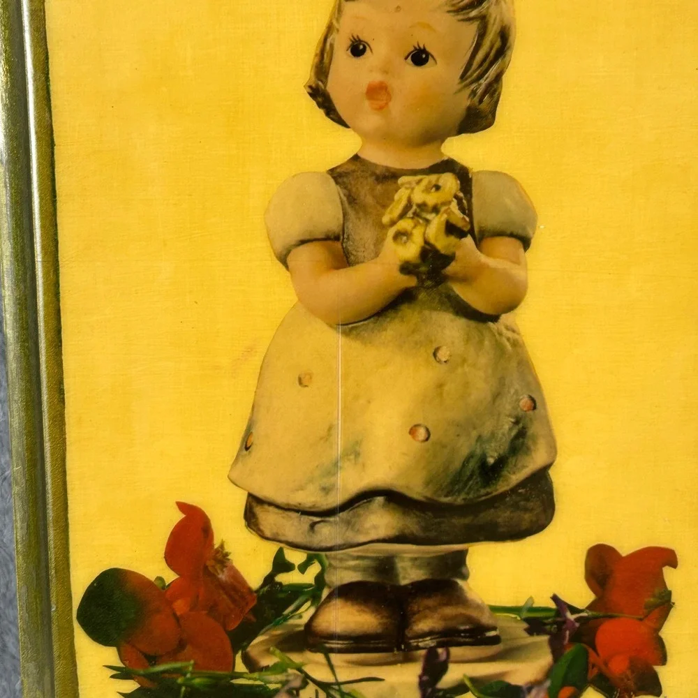 Vintage Hummel Style Wooden Wall Plaque Girl with Flowers 1974 Decor 11.5x8.25